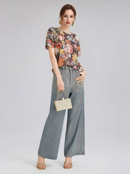 İtalyan Vintage Çiçek Desenli Tişört