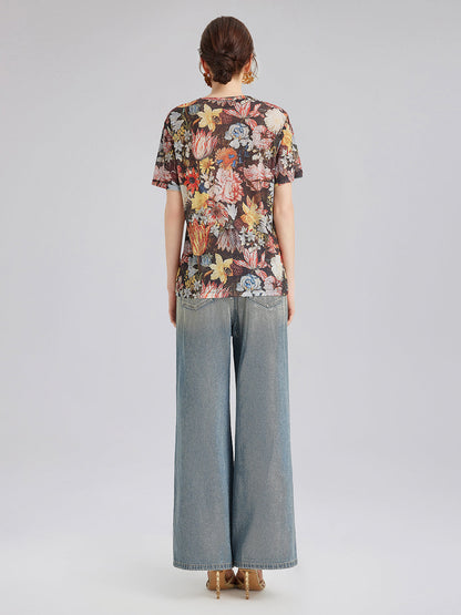 İtalyan Vintage Çiçek Desenli Tişört