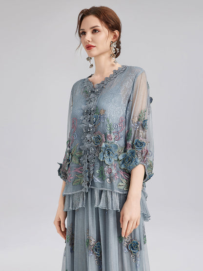 El Yapımı 3 Boyutlu Çiçekli İpek Bluz