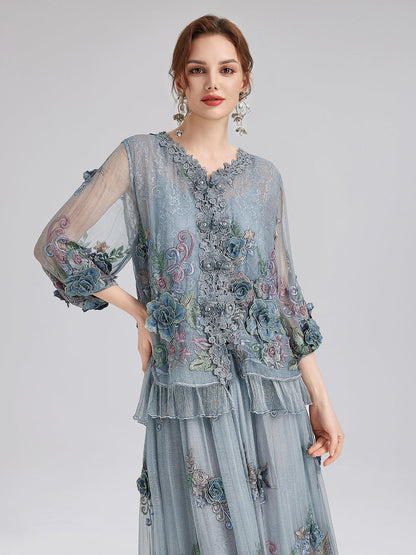 El Yapımı 3 Boyutlu Çiçekli İpek Bluz