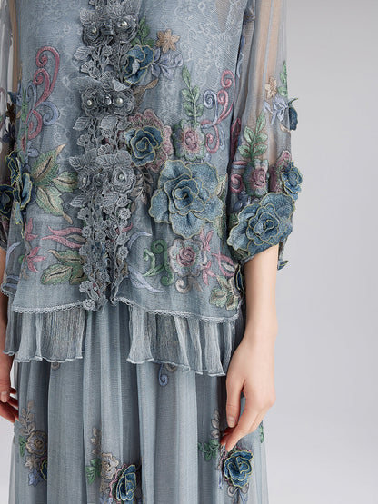 El Yapımı 3 Boyutlu Çiçekli İpek Bluz