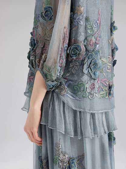 El Yapımı 3 Boyutlu Çiçekli İpek Bluz