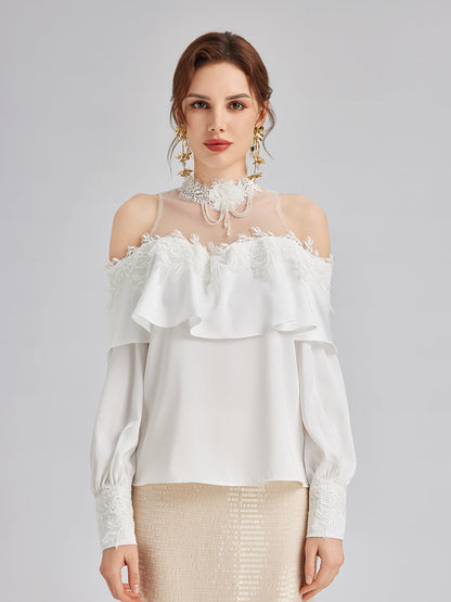 Omzu Açık Fırfırlı Dantel Tül Bluz