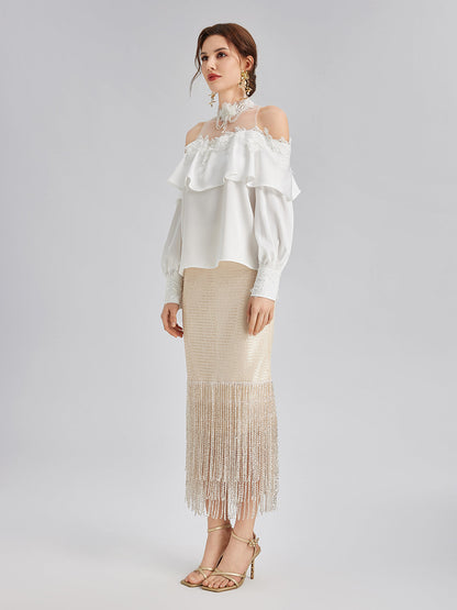 Omzu Açık Fırfırlı Dantel Tül Bluz