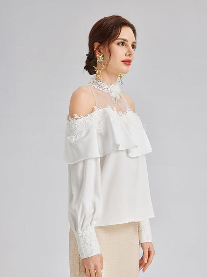 Omzu Açık Fırfırlı Dantel Tül Bluz