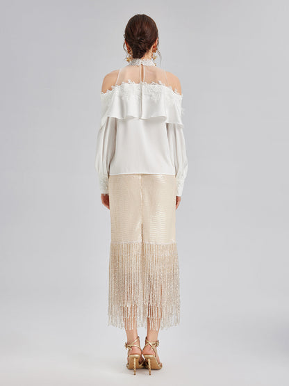Omzu Açık Fırfırlı Dantel Tül Bluz