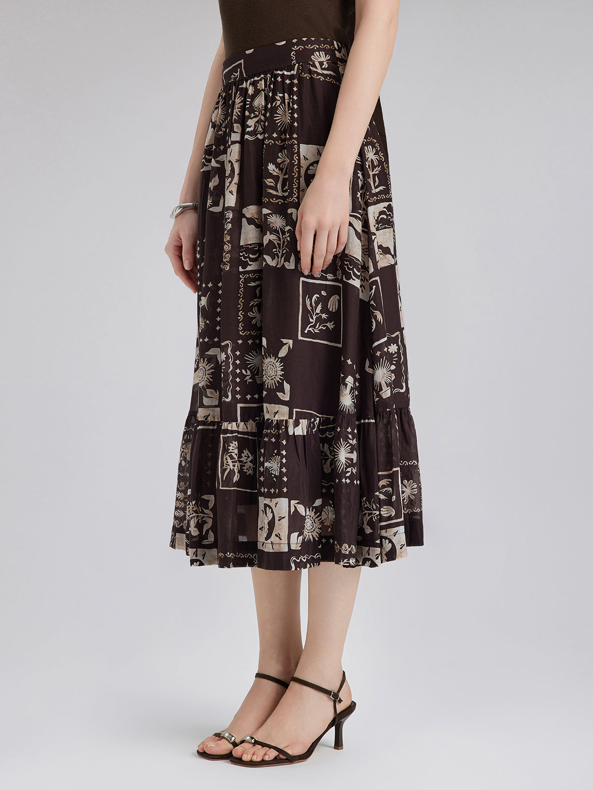 İpek Bitki Desenli Midi Etek