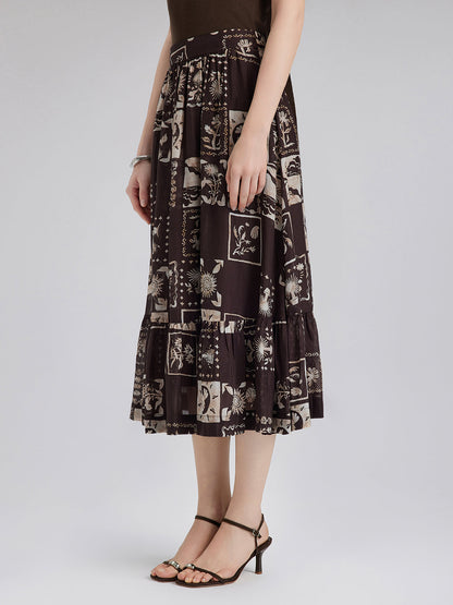 İpek Bitki Desenli Midi Etek