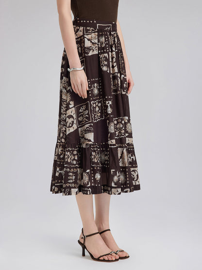 İpek Bitki Desenli Midi Etek