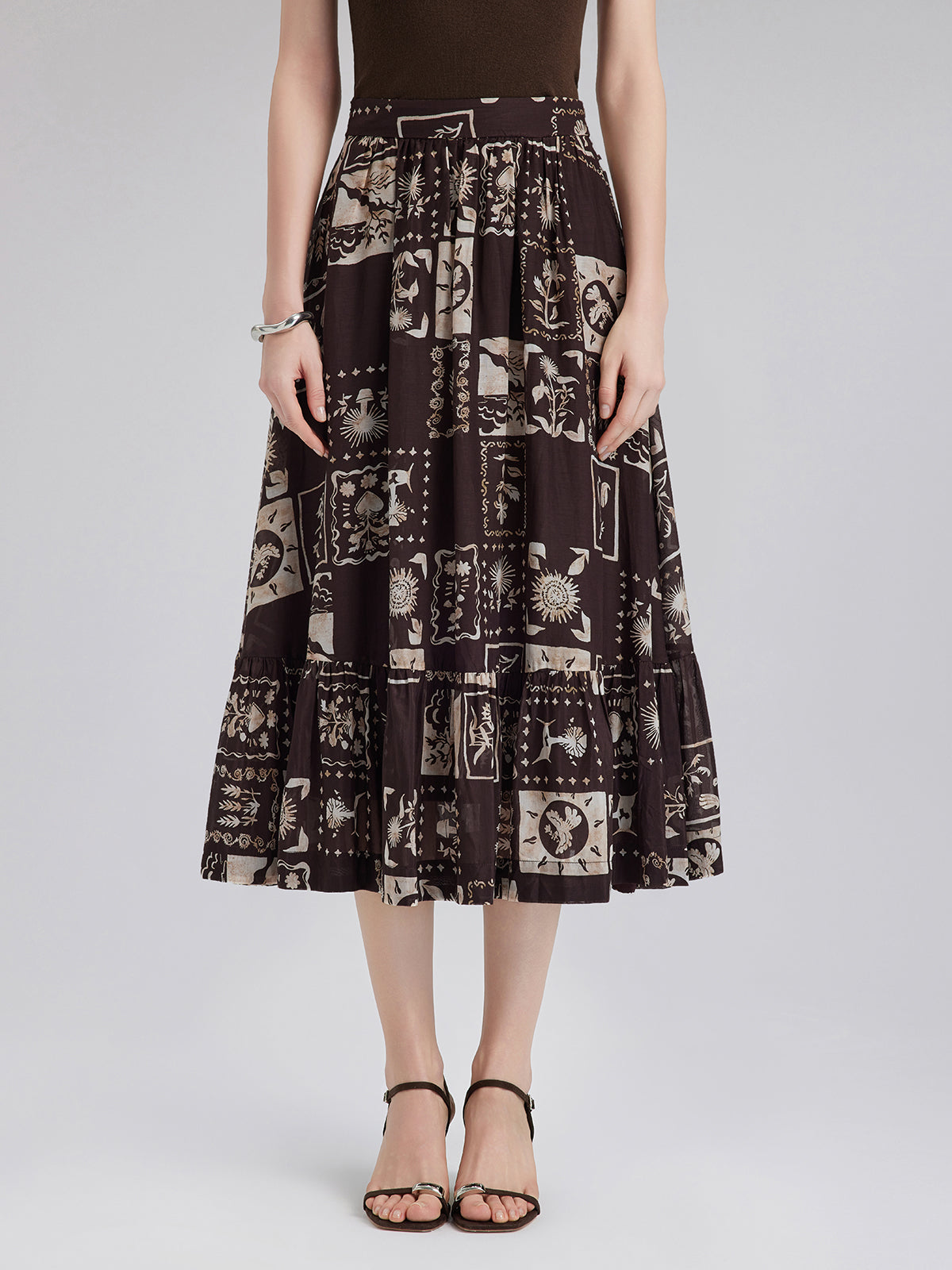 İpek Bitki Desenli Midi Etek