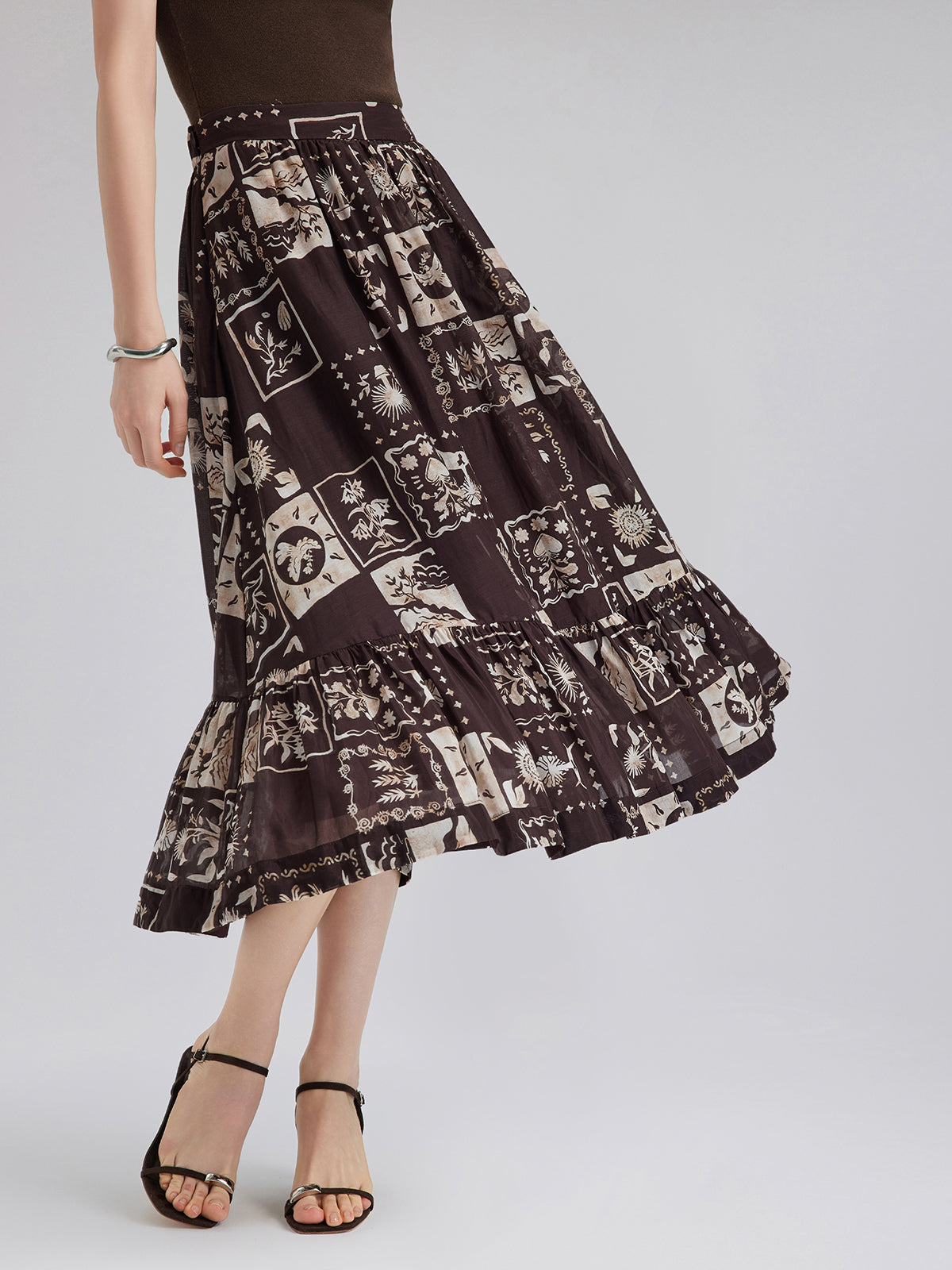 İpek Bitki Desenli Midi Etek