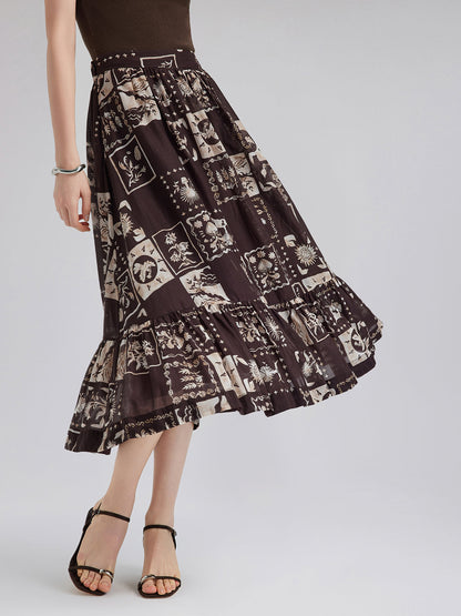 İpek Bitki Desenli Midi Etek