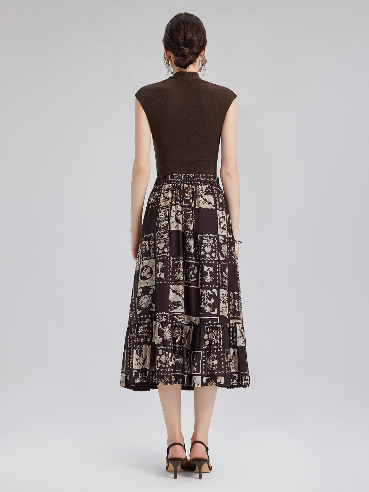 İpek Bitki Desenli Midi Etek