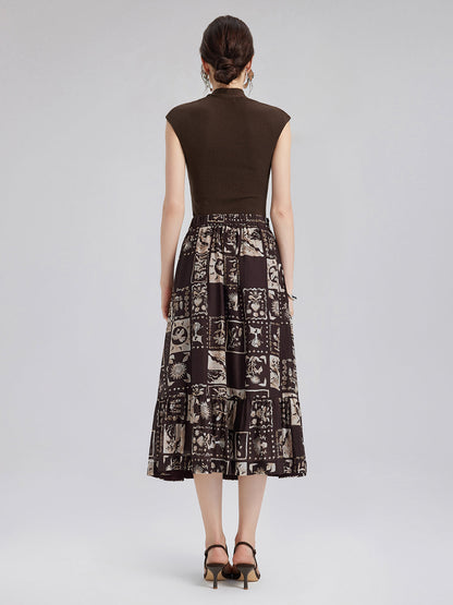 İpek Bitki Desenli Midi Etek