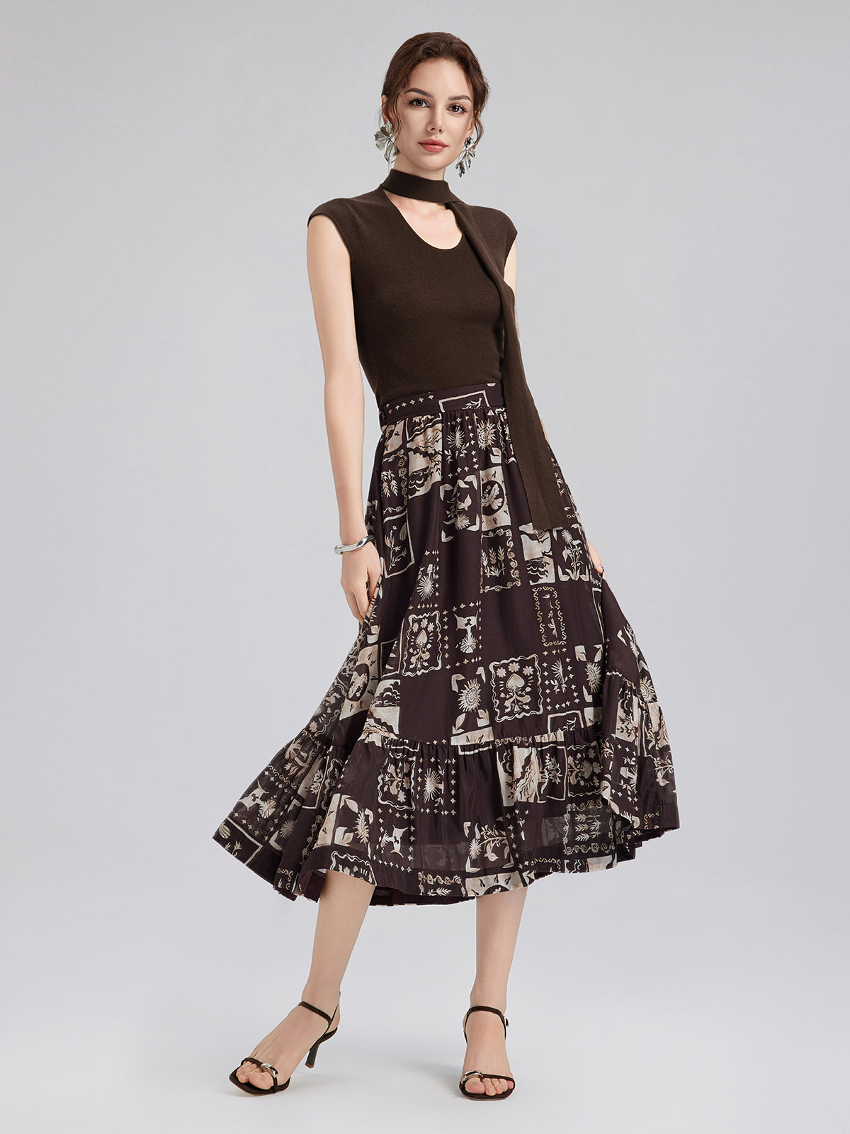 İpek Bitki Desenli Midi Etek