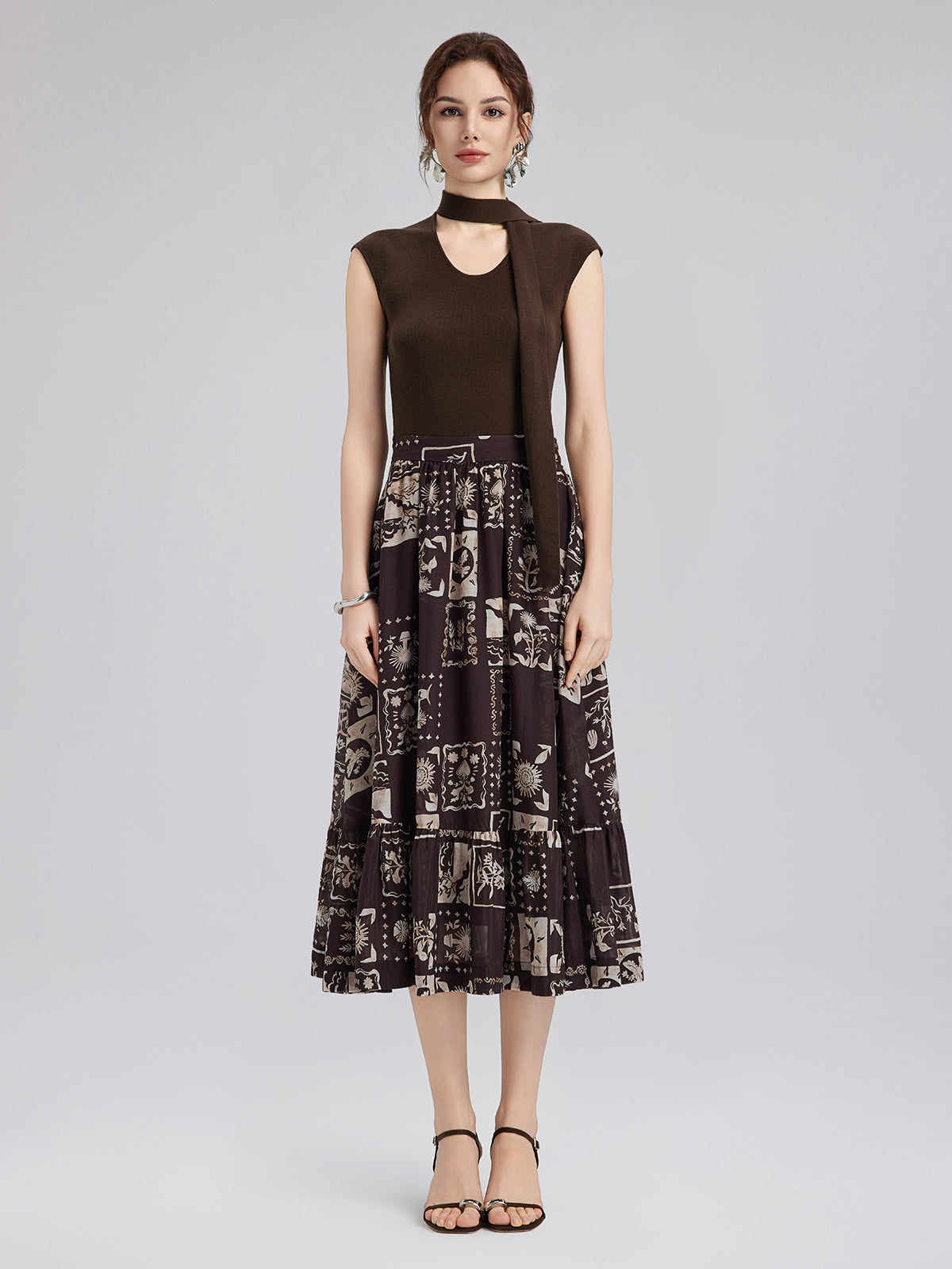 İpek Bitki Desenli Midi Etek