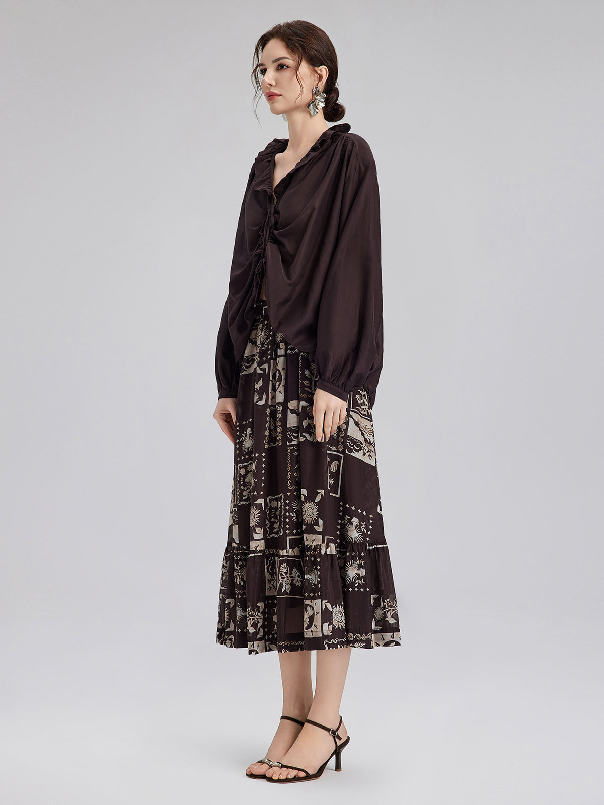 İpek Bitki Desenli Midi Etek