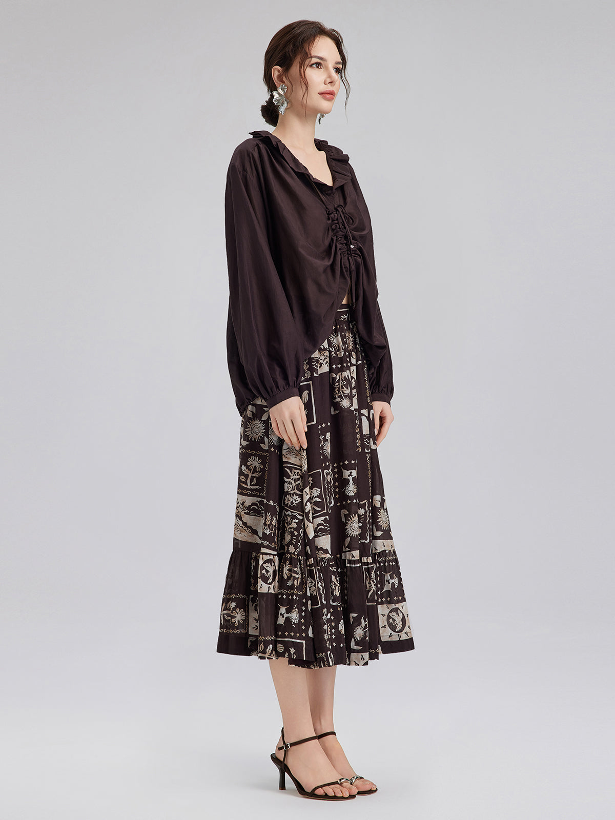 İpek Bitki Desenli Midi Etek