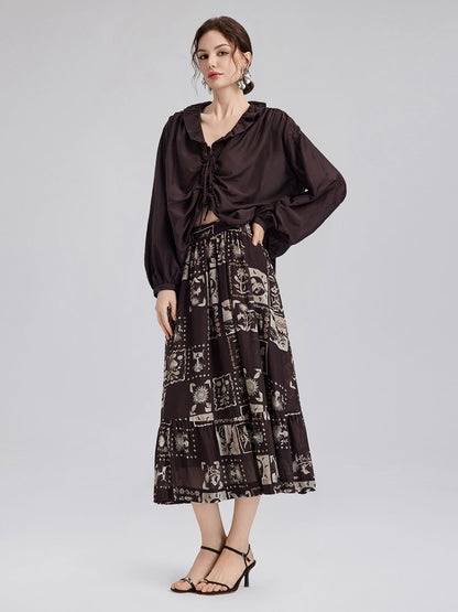 İpek Bitki Desenli Midi Etek