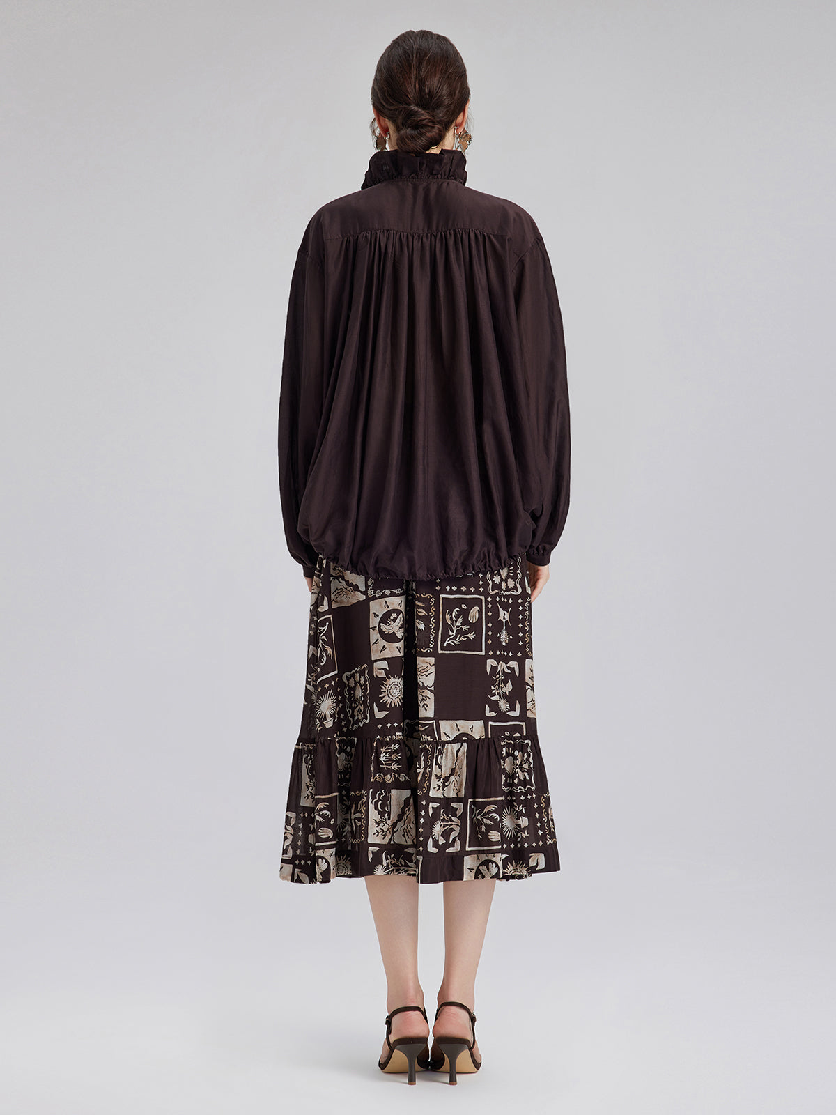 İpek Bitki Desenli Midi Etek