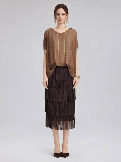 El Boyaması Şeffaf İpek Bluz