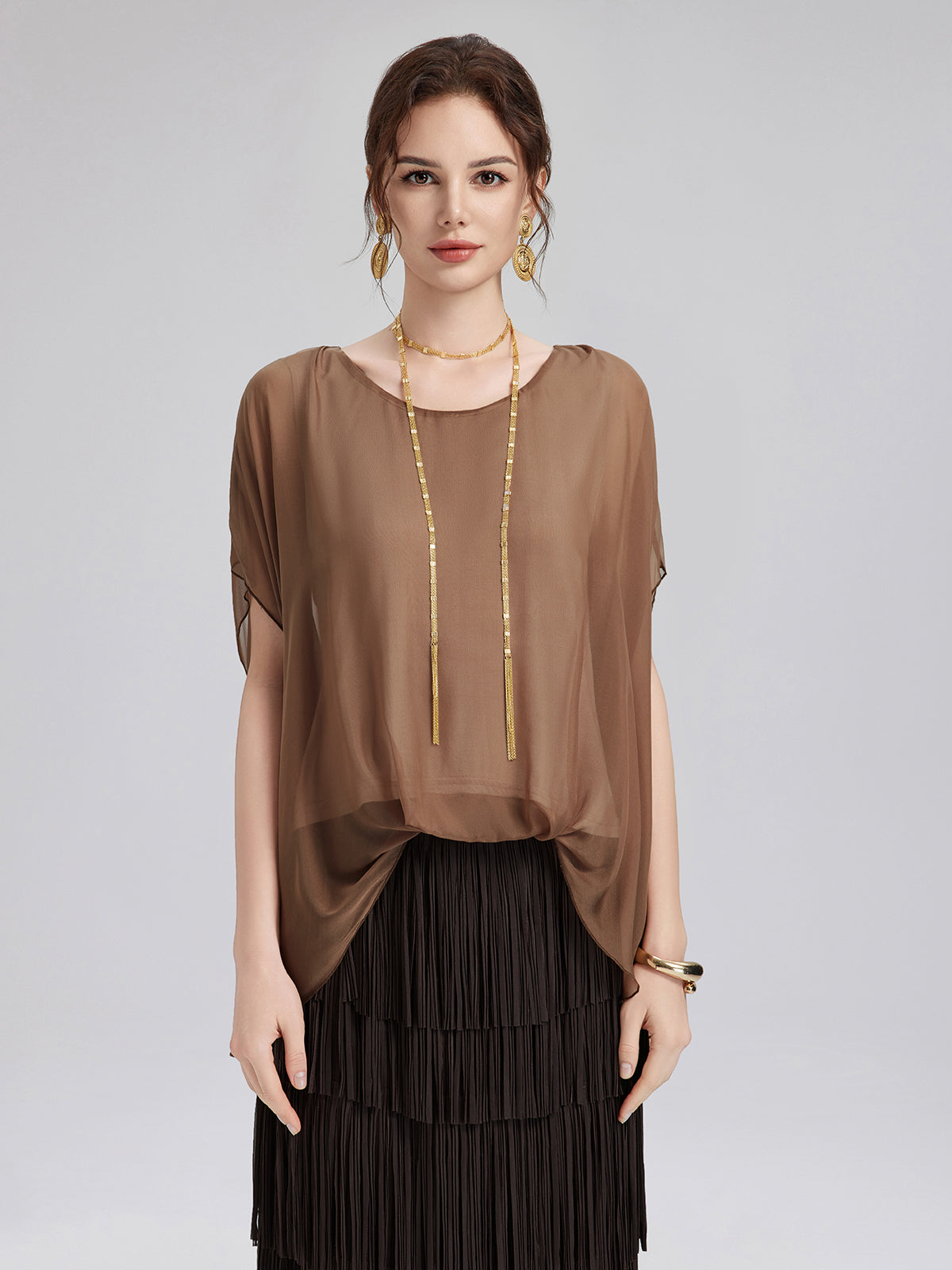 El Boyaması Şeffaf İpek Bluz