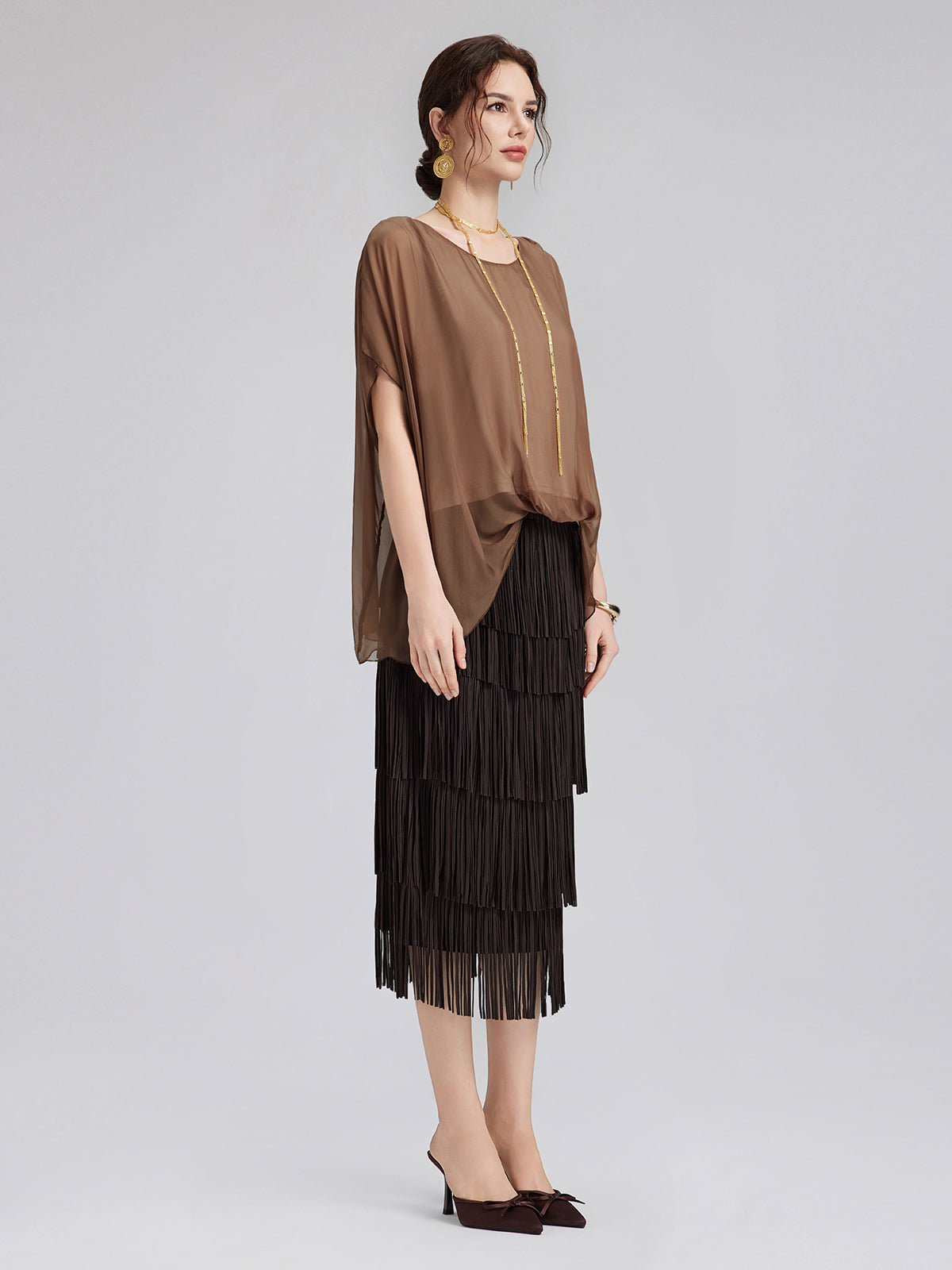 El Boyaması Şeffaf İpek Bluz