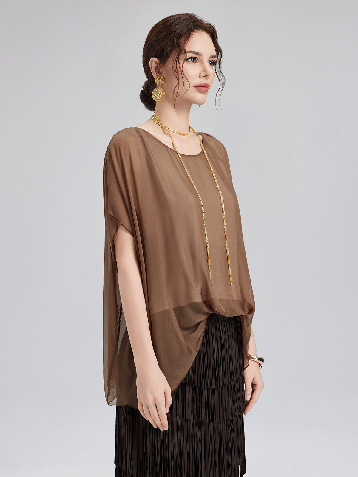 El Boyaması Şeffaf İpek Bluz