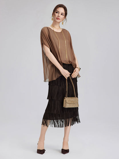 El Boyaması Şeffaf İpek Bluz