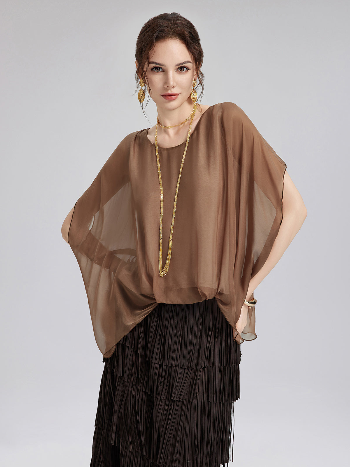 El Boyaması Şeffaf İpek Bluz