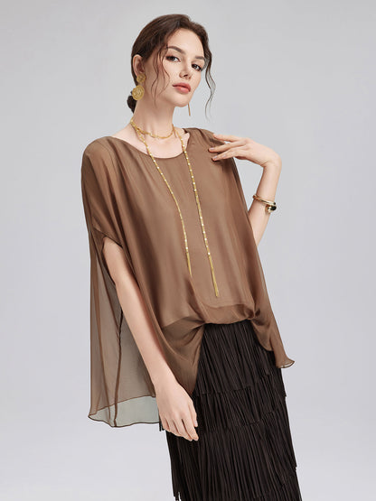 El Boyaması Şeffaf İpek Bluz