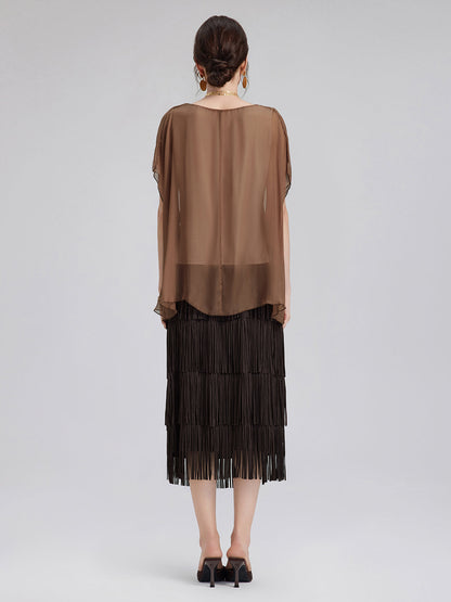 El Boyaması Şeffaf İpek Bluz