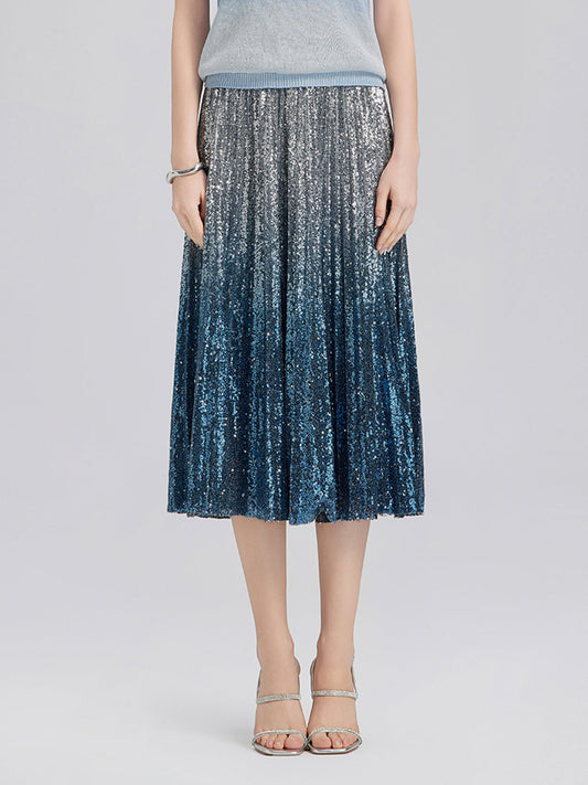 Renk Geçişli Pullu Pileli Midi Etek