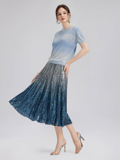 Renk Geçişli Pullu Pileli Midi Etek