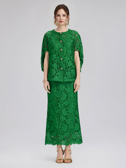 Dantel Aplike Mücevher Düğmeli Zümrüt Yeşili Bluz