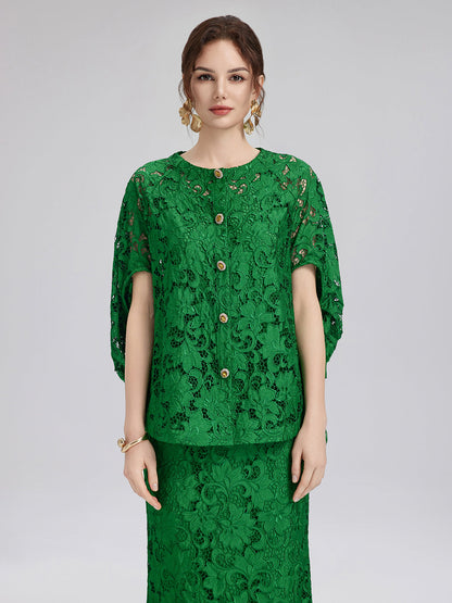 Dantel Aplike Mücevher Düğmeli Zümrüt Yeşili Bluz