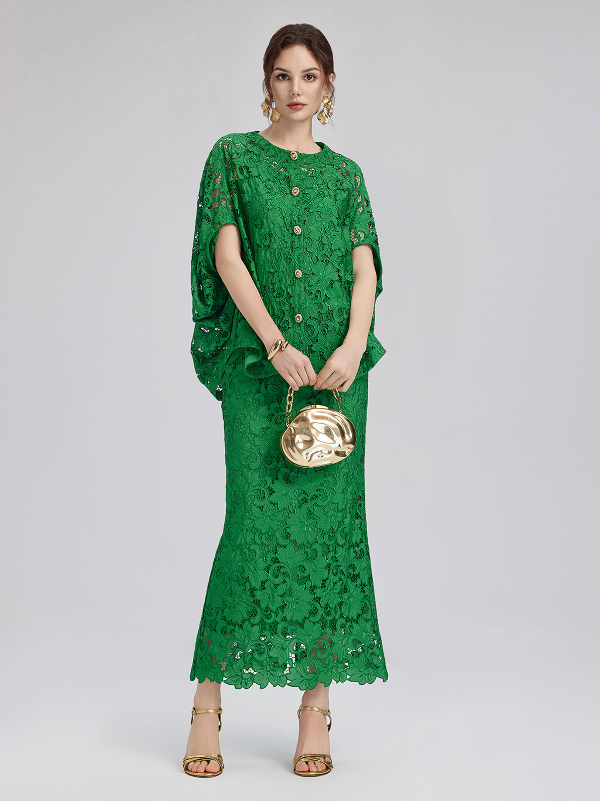 Dantel Aplike Mücevher Düğmeli Zümrüt Yeşili Bluz