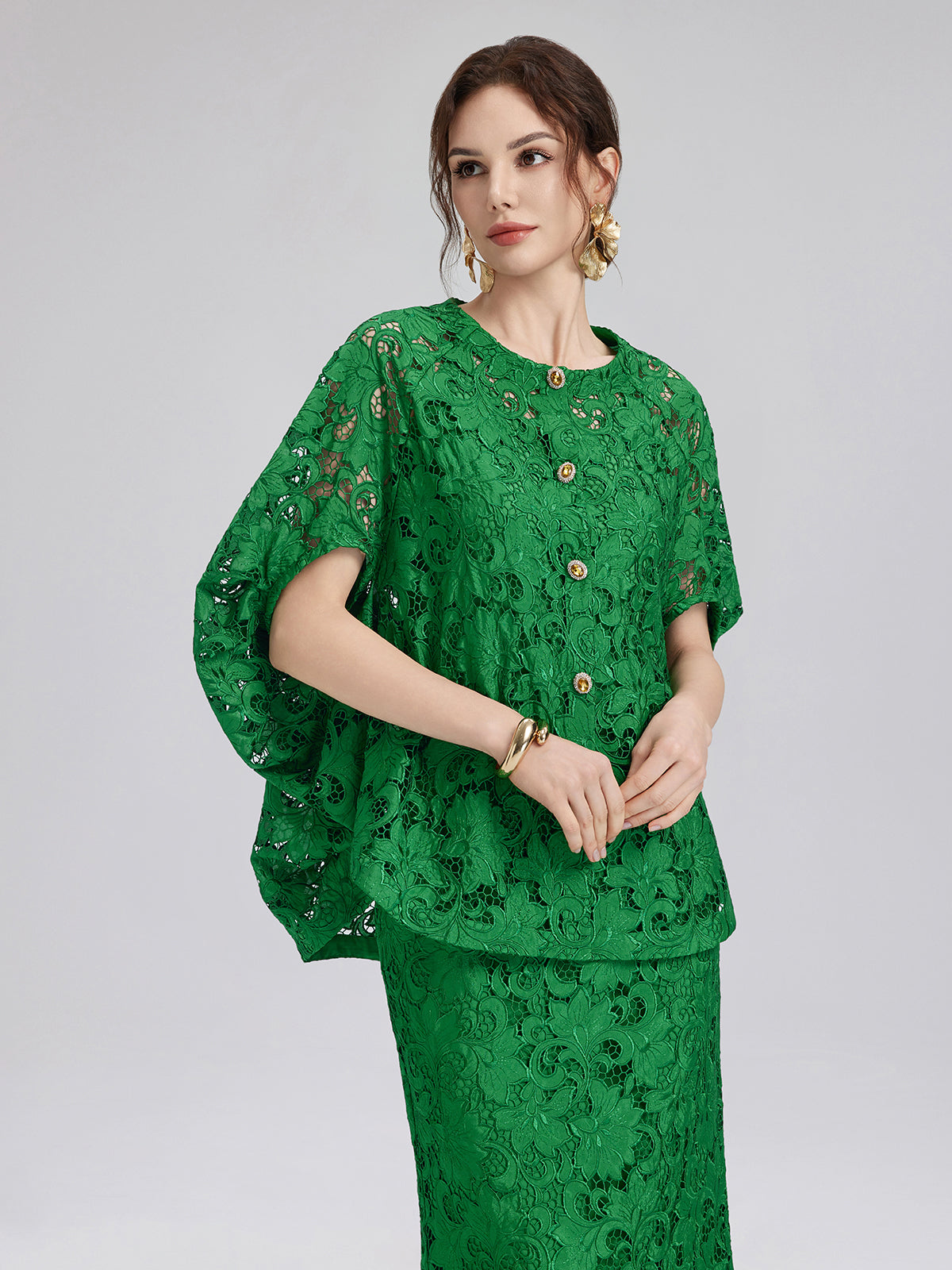 Dantel Aplike Mücevher Düğmeli Zümrüt Yeşili Bluz