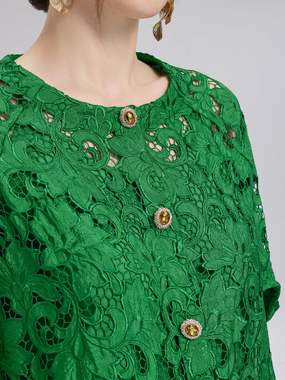Dantel Aplike Mücevher Düğmeli Zümrüt Yeşili Bluz