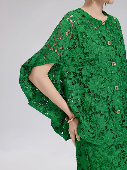 Dantel Aplike Mücevher Düğmeli Zümrüt Yeşili Bluz