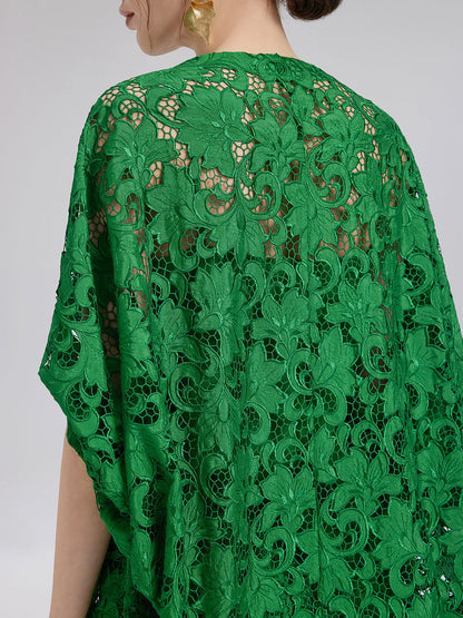 Dantel Aplike Mücevher Düğmeli Zümrüt Yeşili Bluz