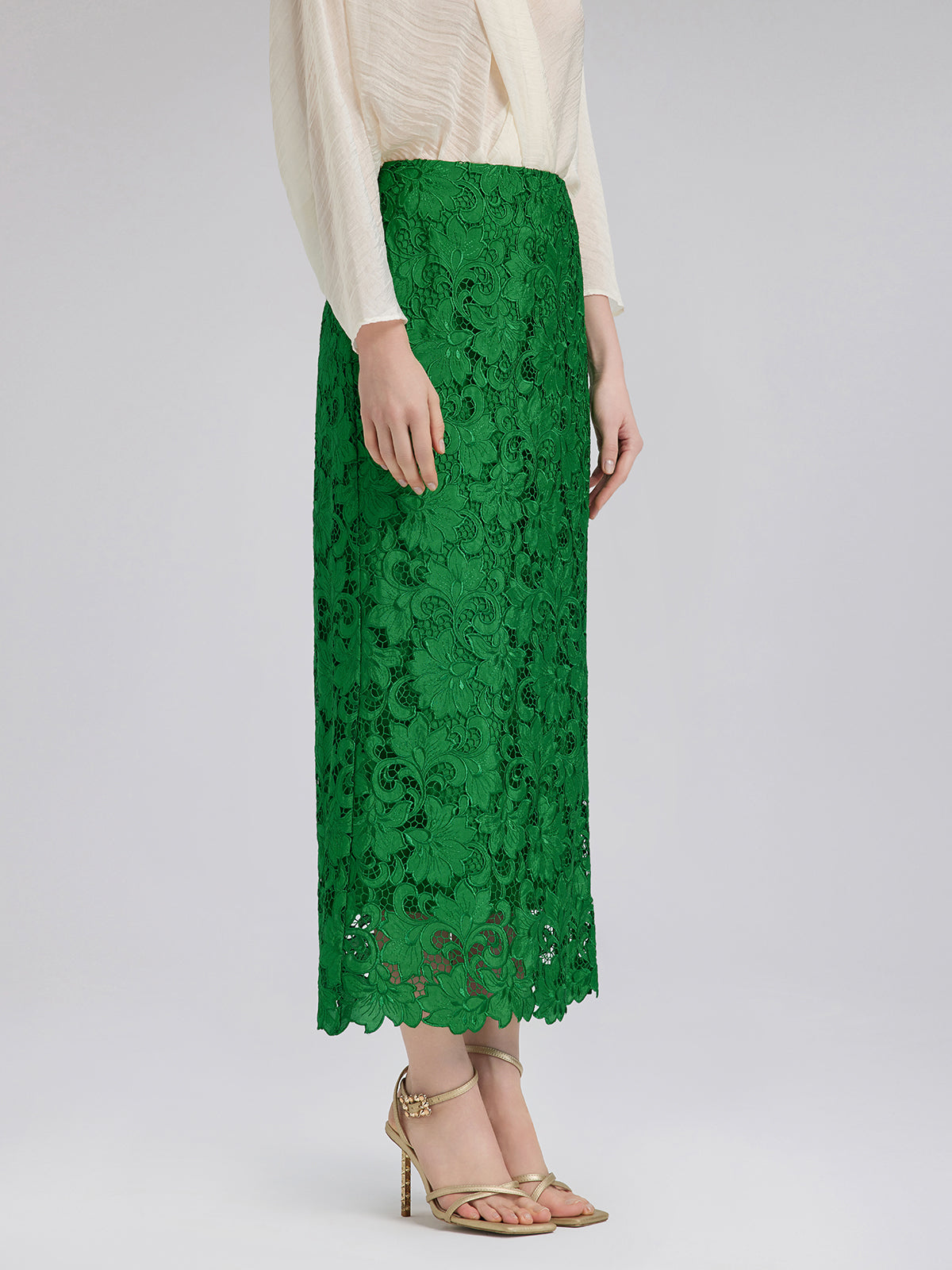 Dantel Aplike Zümrüt Yeşili Kalem Etek