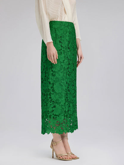 Dantel Aplike Zümrüt Yeşili Kalem Etek