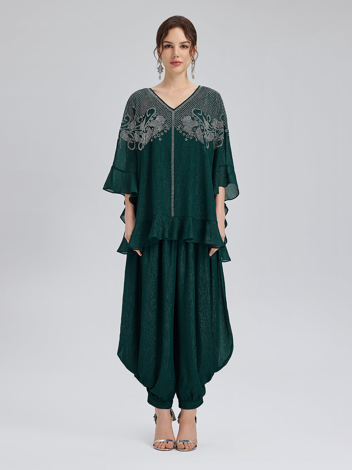 Gümüş İplikli Şifon Büzgülü Havuç Pantolon