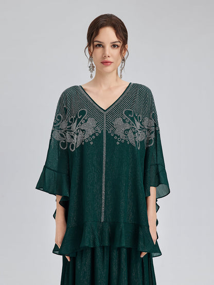 Metalik Şifon Taşlı V Yaka Bluz