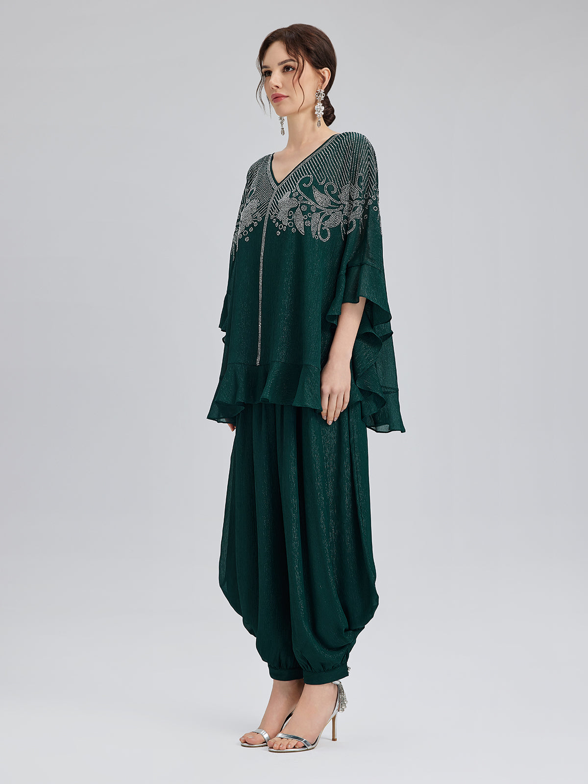 Metalik Şifon Taşlı V Yaka Bluz