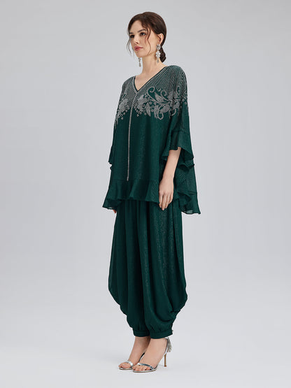 Metalik Şifon Taşlı V Yaka Bluz