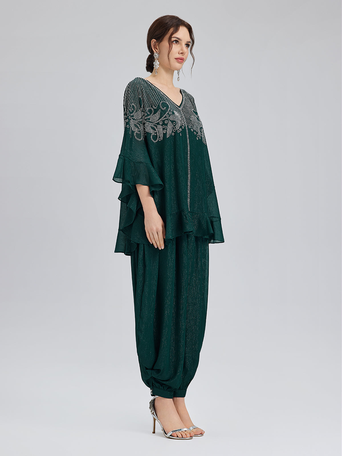 Metalik Şifon Taşlı V Yaka Bluz