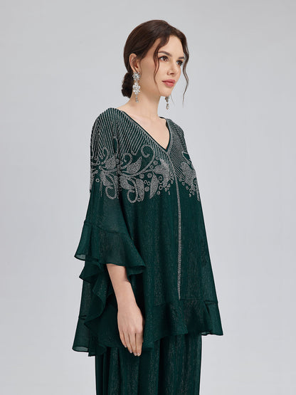 Metalik Şifon Taşlı V Yaka Bluz