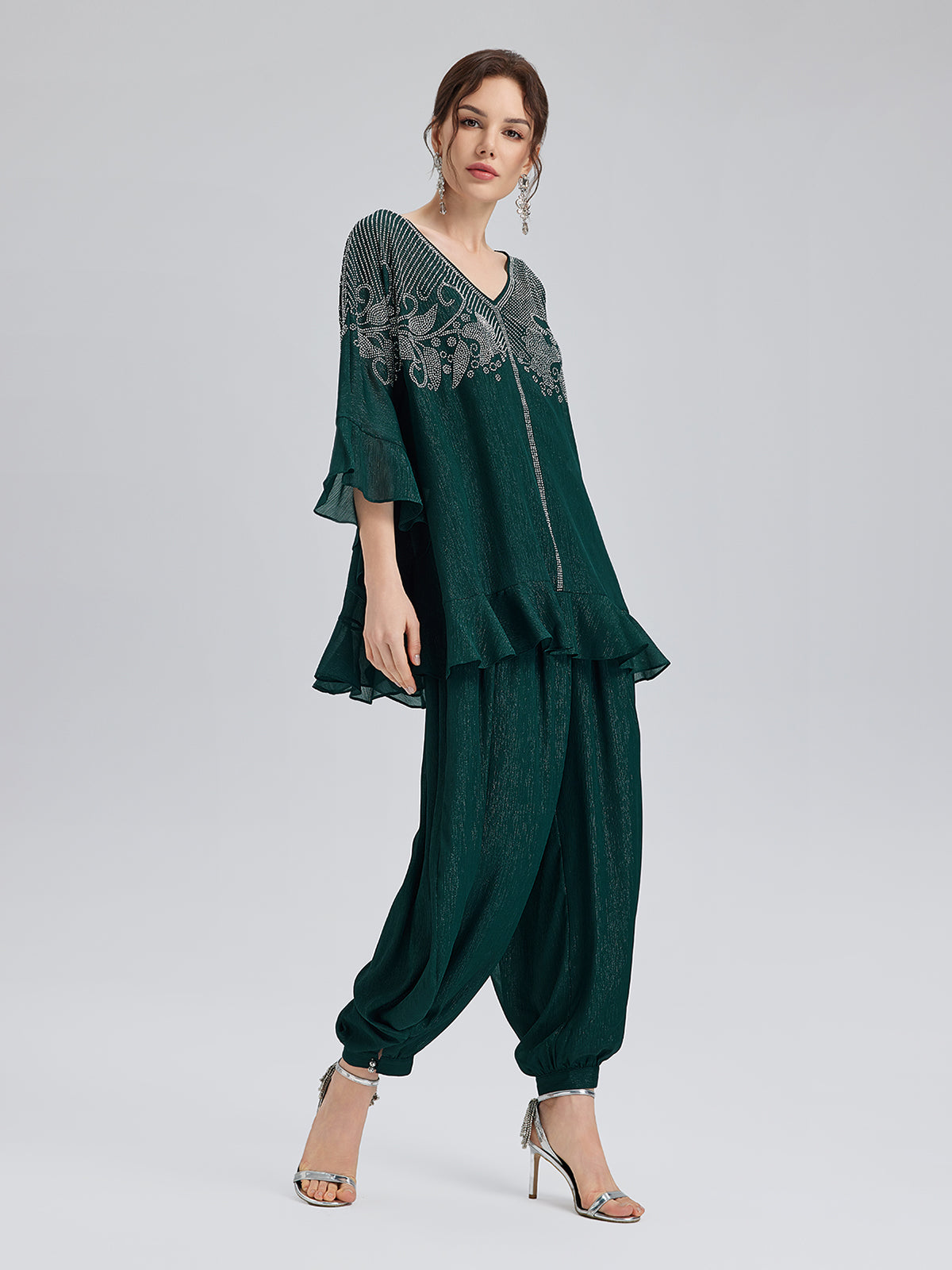 Metalik Şifon Taşlı V Yaka Bluz